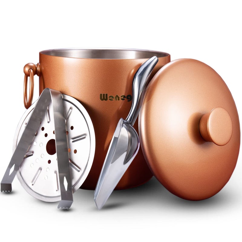 WENEGG Ice Bucket with Lid  Scoop  Tongs and Strainer - Well Made Insulated Stainless Steel Keep Ice Frozen Longer - Ideal for Cocktail Bar  Parties  Chilling Wine  Champagne - 3 Liter (Copper) - Image 1
